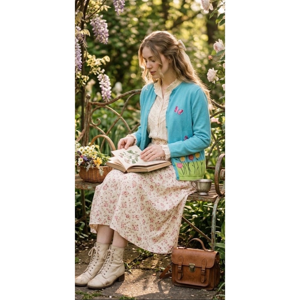 Mandal Bay Blue Cotton cottage coreEmbroidered Butterfly Floral Cardigan Large